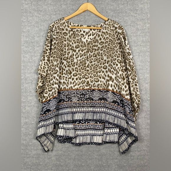 Cato‎ Est1946 Womens Multicolored Animal Print Beaded 3/4 Sleeve Blouse 14/16W - Picture 1 of 10
